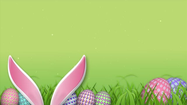 pink bunny ears, grass and decorated easter eggs on green blur background. beautiful nature easter theme illustration with copy space for easter blessings.