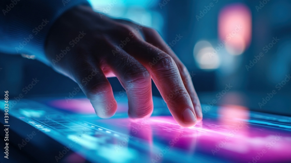 Poster a hand interacts with a glowing digital display, highlighting modern technology and data visualizati