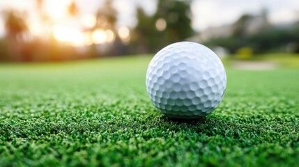 Obraz premium A white golf ball sits on a vibrant green field, ready to be played on a sunny day.