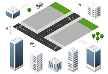 Urban landscape elements representing modern city infrastructure in isometric view