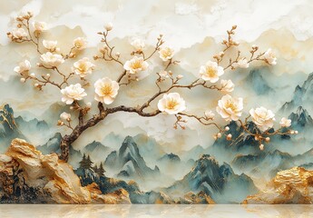 Golden Blossom Tree with Mountain Backdrop Textured Floral Art, Landscape Painting