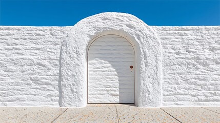Bright Sunlight on Whitewashed Brick Wall with Arched Doorway