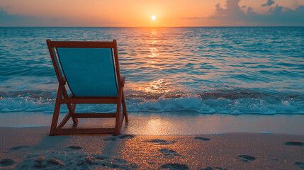 serene beach scene with single empty chair facing ocean at sunset, creating peaceful and tranquil atmosphere. waves gently lap at shore, enhancing calmness