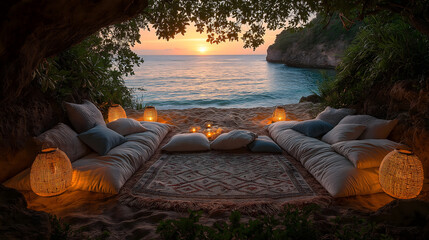 cozy beachside setup with cushions and lanterns creates serene atmosphere at sunset, perfect for relaxation. scene is framed by lush greenery and view of ocean