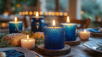 beautifully set table features blue candles in textured holders, creating warm and inviting atmosphere. soft glow enhances cozy ambiance, perfect for serene gathering