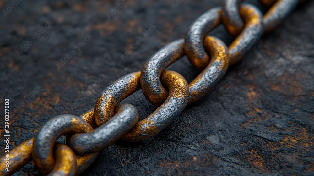 Poster rusted metal chain on a weathered surface. close-up view of links connected