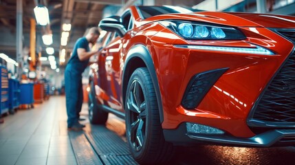 A mechanic is examining a red car in a modern automotive repair shop environment.