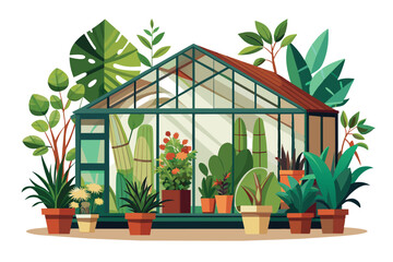 A cartoon illustration of a greenhouse with various green plants growing inside and outside the structure.