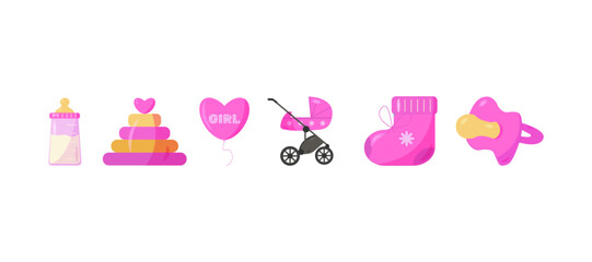 Vector baby, children's set. Bottle, pacifier, rattle, booties, pyramid, stroller, balloon isolated on white background. Collection eps 10, pink, for girl.