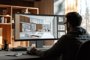 architect designs house on computer, big screen