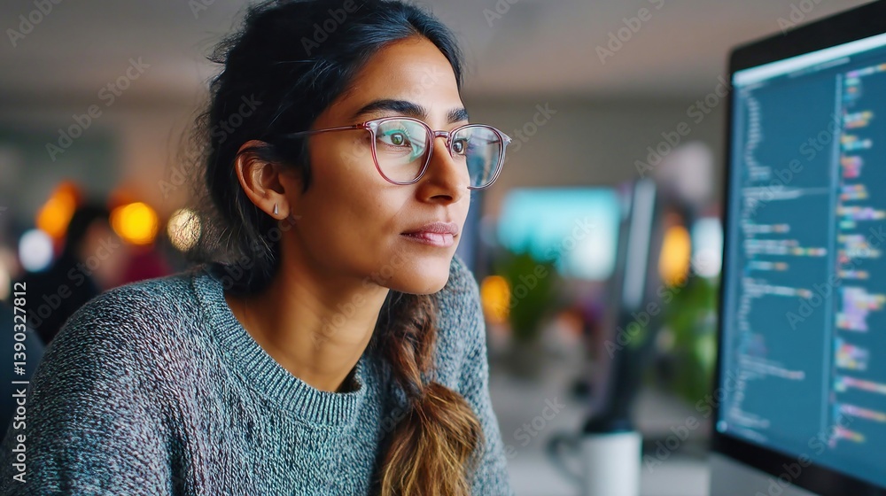 Poster focused programmer wearing glasses working on a software project in front of a computer screen.