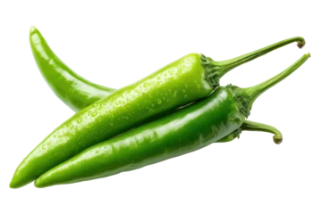  Fresh green chili peppers on transparent background, water droplets, close-up for food ads © Sebelas Stock