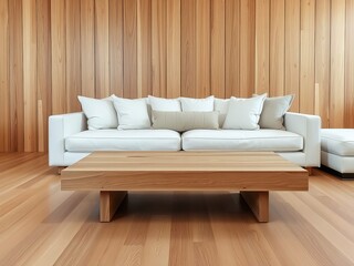 Interior of modern living room with wooden walls, wooden floor and white sofa. 3d rendering
