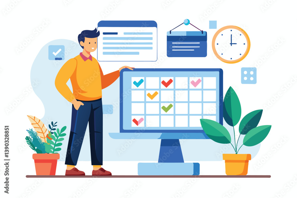 Poster a man stands beside a large computer screen displaying a calendar with several checkmarks, indicatin