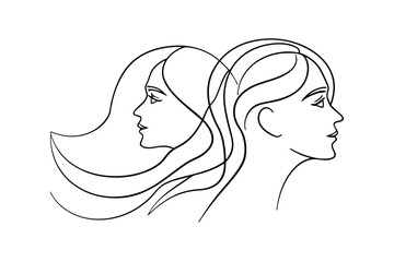 Minimalist Line Art Illustration Of Two Female Faces In Profile View