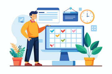 A man stands beside a large computer screen displaying a calendar with several checkmarks, indicating completed tasks.