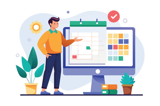 A man stands in front of a computer screen, pointing at a large digital calendar with a checkmark.