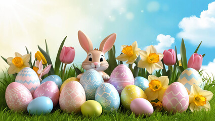 Fototapeta premium Easter Bunny Scene with Decorated Eggs