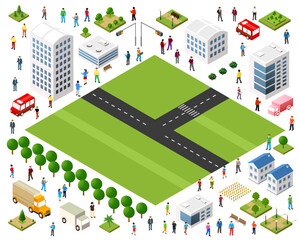 Citizens walking and driving in isometric city center with buildings and roads