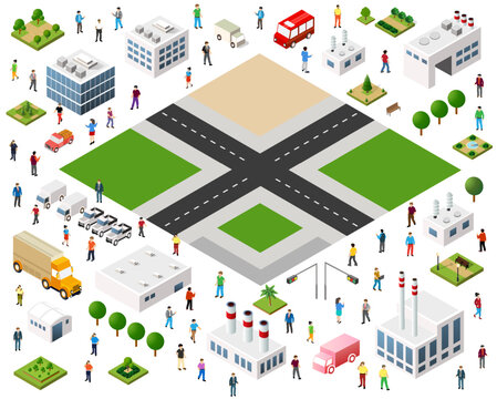 Urban landscape planning with isometric buildings, roads, and people