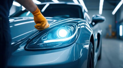A gloved hand polishing the bright headlight of a sleek, modern sports car for a gleaming finish.