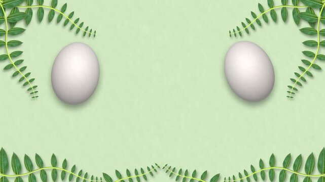 two easter eggs on decorated plant leaves background. concept for easter holiday decoration and copy space for greetings. eggs on wild plants leaves.