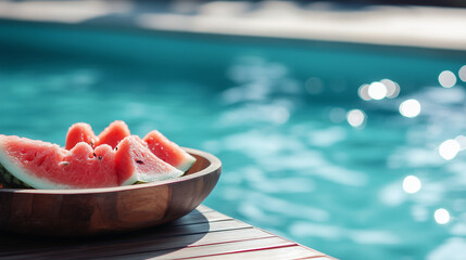 sliced watermelon on a plate near a swimming pool, ideal for summer-themed promotions, food blog headers, vacation brochures, or healthy lifestyle content