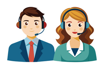 This illustration depicts a man and woman wearing headsets, representing customer service agents. They have smiling faces and professional attire.