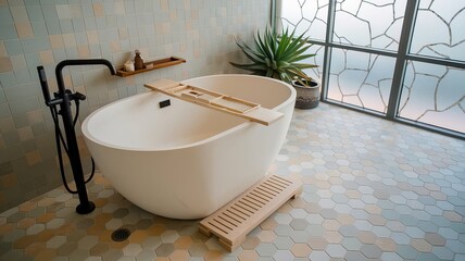 A modern freestanding tub fills with water next to a decorative window, tiled walls, and hexagonal floor tiles in a bright bathroom.