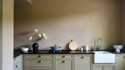 Serene kitchen scene featuring muted green cabinets, dark countertops, and neutral wall tones creating a calming and stylish space.