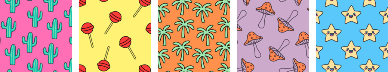 Set of colorful vector illustrations featuring playful patterns with cacti, lollipops, palm trees, mushrooms, and smiling stars in vibrant color backgrounds, ideal for designs. © Colomba Rossa