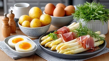 Photorealistic, plated white asparagus with slices of ham and boiled potatoes, soft natural light, home-cooked meal setting, white asparagus with ham and potatoes.