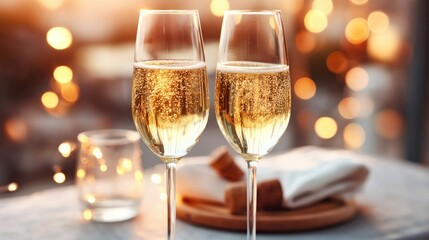 Two champagne glasses clinking together in celebration of a special event, a toast.