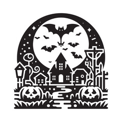 Spooky Halloween Village with Haunted House, Pumpkin, Bat, and Full Moon in a Cartoon Landscape