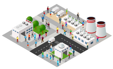 Industrial district with factories, power plant, offices, and workers moving around