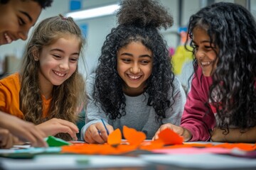 smiling group of four diverse kids doing arts and crafts project in school