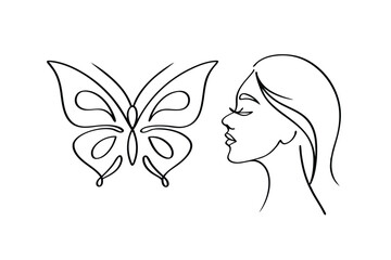 Continuous Line Art Woman Profile With Butterfly Minimalist Beauty And Nature Concept