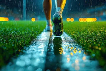 Athlete Walking Across Rainy Sports Field at Night