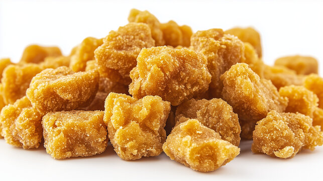 Heap of Golden Brown Jaggery Cubes, View on Clean White Background