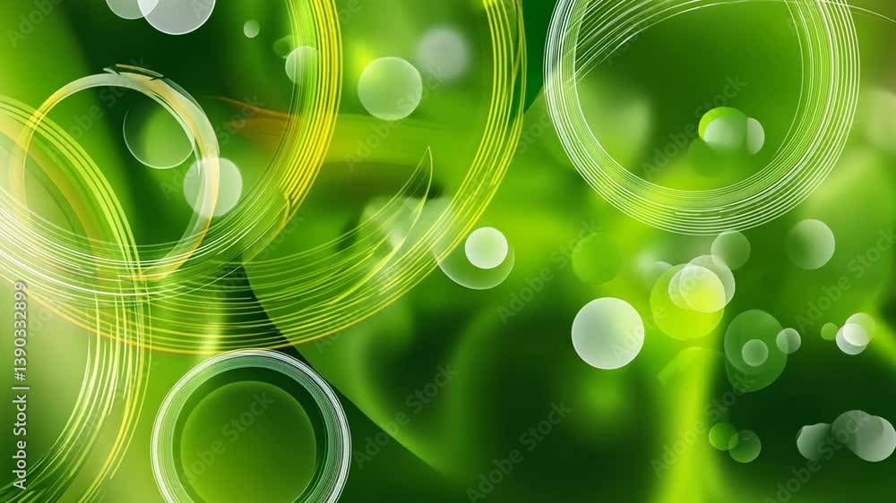 Poster vibrant green background with dynamic circles and bubbles generative ai
