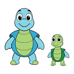 Adorable cartoon water turtles—a loving father and his cheerful son—swimming together with big smiles, playful eyes, and vibrant green shells in a heartwarming scene.