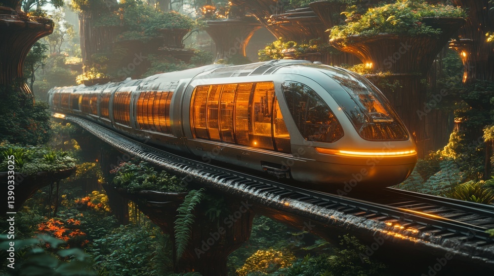 Poster a smarttrain glides smoothly along elevated tracks surrounded by vibrant greenery, showcasing cuttin