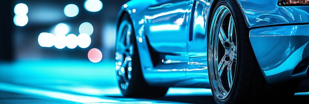 The low angle captures a shiny car wheel, accentuated by glowing lights, reflecting urban lifestyle and speed.