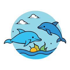 A group of dolphins gracefully floats on the calm ocean, their sleek bodies shimmering as they glide through the water, creating ripples under the bright sun.