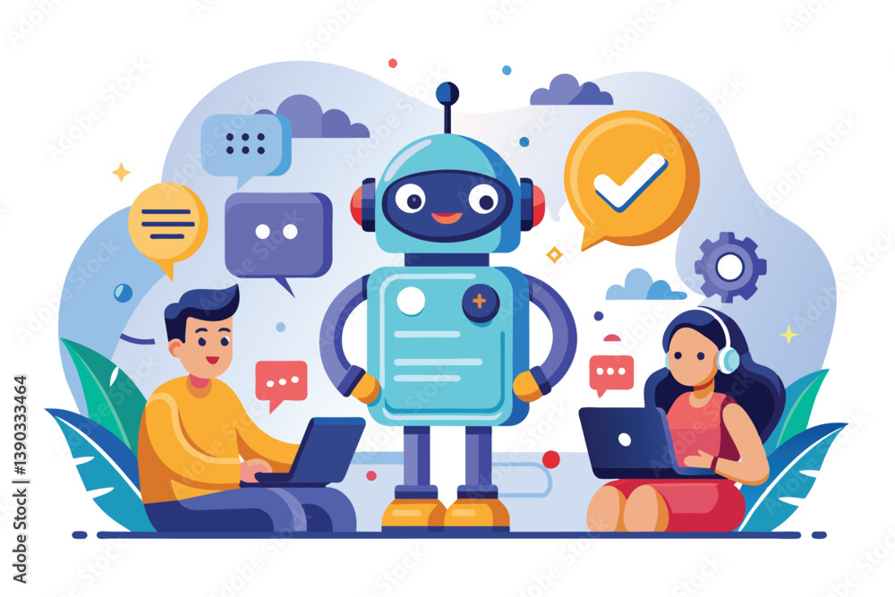 Poster an illustration depicting a friendly robot assisting two users with online services, showcasing the 