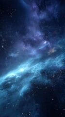 Fototapeta premium cosmic voyage through the depths of space, featuring an infinite black void illuminated by swirling nebulae in deep blues and purples. A massive black hole cinematic scene.