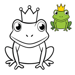 A charming frog prince wearing a shiny gold crown, sitting regally on a lily pad, waiting for true love's kiss to break the spell and reveal his royal form.