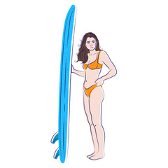 Girl with a surfboard. Line art, minimalist style. Vector illustration.