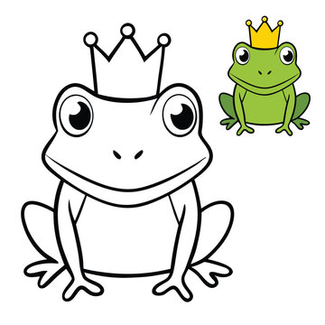 A charming frog prince wearing a shiny gold crown, sitting regally on a lily pad, waiting for true love's kiss to break the spell and reveal his royal form.