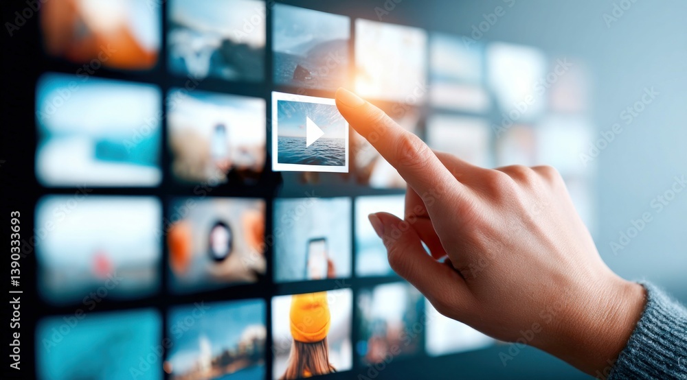 Poster a person's finger touching a play button to select a video on a screen with multiple thumbnails.